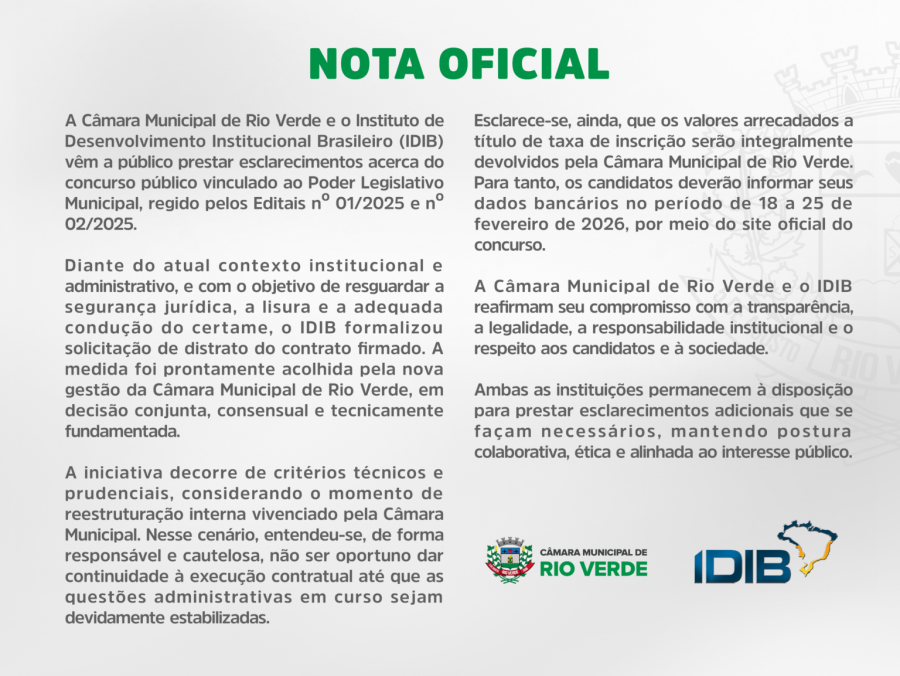 NOTA OFICIAL – CANCELAMENTO DO CONCURSO REGIDO PELOS EDITAIS Nº 01 E Nº 02/2025