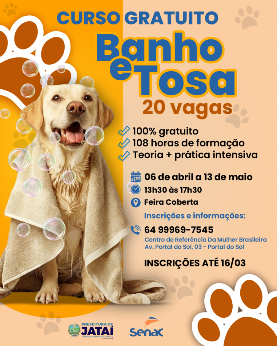 Curso gratuito de Banho e Tosa abre inscrições com vagas limitadas