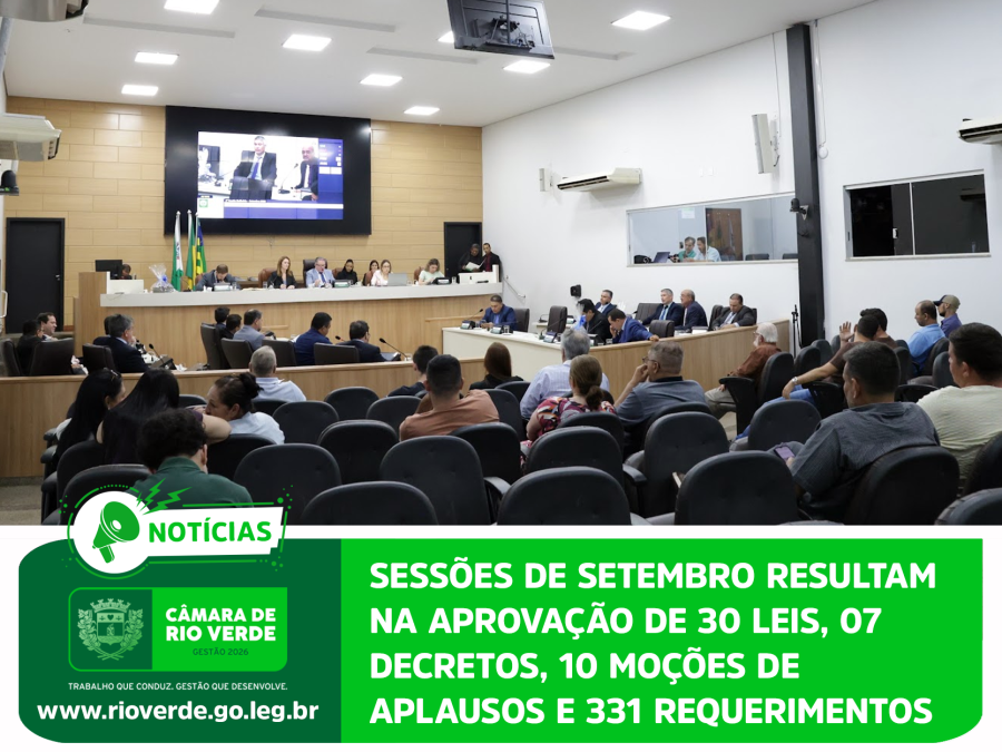 SESSÕES DE SETEMBRO RESULTAM NA APROVAÇÃO DE 30 LEIS, 07 DECRETOS, 10 MOÇÕES DE APLAUSOS E 331 REQUERIMENTOS